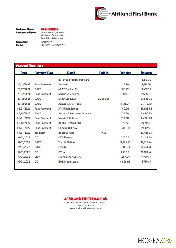 Modèle de relevé bancaire Congo Afriland First, format Word et PDF